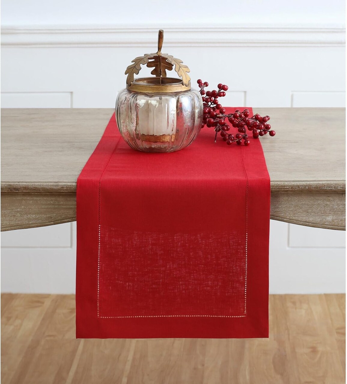 Red Linen Table Runner 48 Inch – 100% Pure Linen Classic Hemstitch Christmas, Winter, Holiday Table Runner 14 x 48 Inch – Machine Washable Dining Table Runner